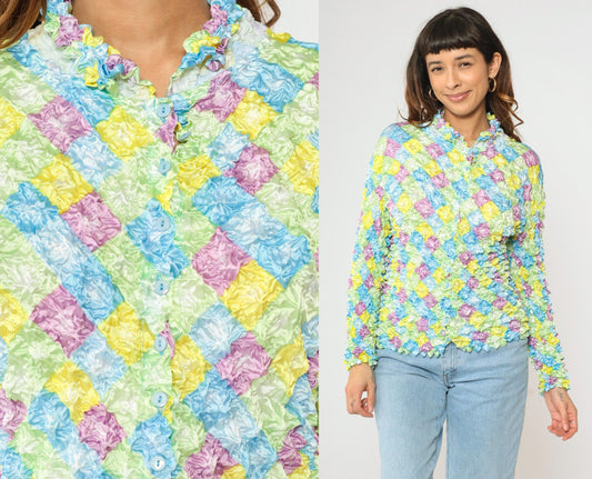 Y2K Pastel Harlequin Diamond Popcorn Shirt Crinkle Stretch Button Up Small