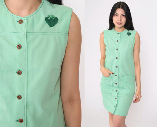 70s Mod Strawberry Shift Dress Green Mini Sleeveless Button Up Small