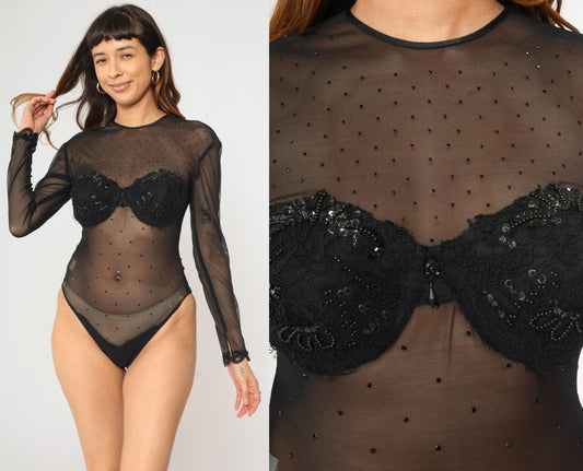 90s Black Mesh Sequin Bustier Bodysuit Long Sleeve High Cut Large
