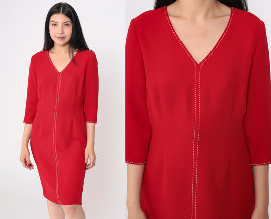90s David Warren Red Sheath Dress V-Neck Decorative Stitching Small Petite