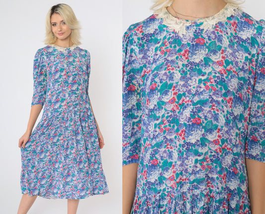 80s Floral Midi Dress Multicolor Puff Sleeve Lace Collar Drop Waist Medium