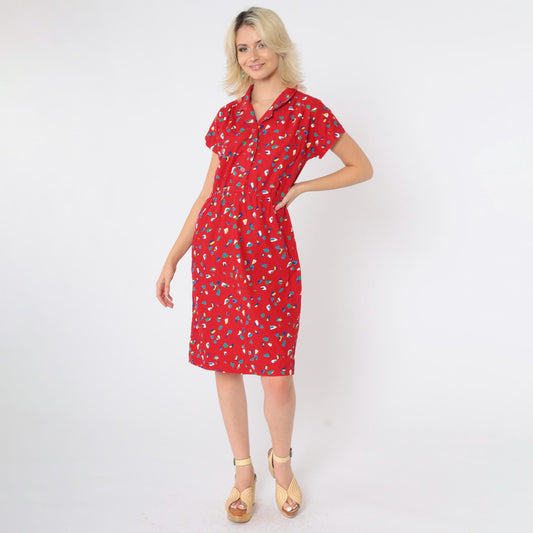 80s Red Confetti Print Midi Shirtdress Button Up High Waist Cap Sleeve Small
