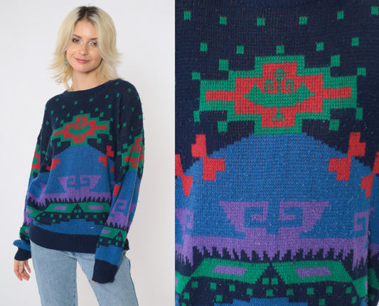 80s Sergio Geometric Sweater Navy Blue Red Green Abstract Crewneck Medium