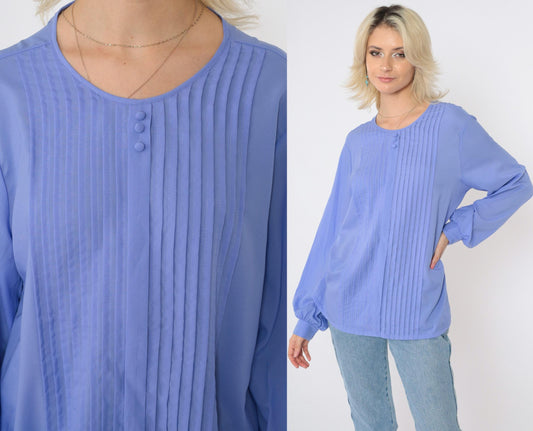 80s Periwinkle Pleated Blouse Long Sleeve Button Front Shirt Large