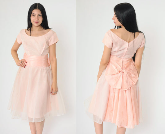 1950s Pink Taffeta Party Dress Chiffon Overlay Bow Back Knee Length Small