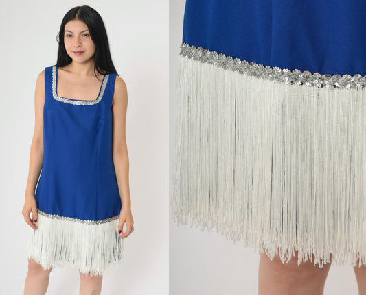 90s Royal Blue Fringe Sequin Mini Dress Square Neck Sleeveless Small