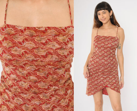 90s Red Gold Lace Strapless Mini Dress Tulip Hem Bodycon Medium M