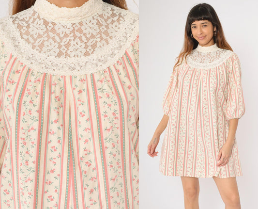 70s Princess Kaiulani Hawaiian Mini Dress Lace Yoke Balloon Sleeve Cream Pink Medium