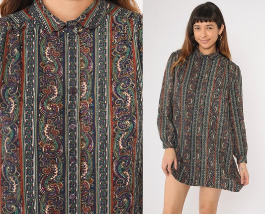 80s Paisley Striped Mini Dress Puff Sleeve Button-Up Shirtdress Medium Large