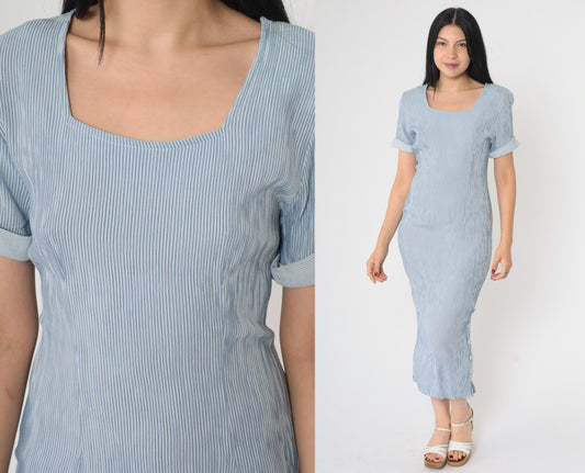 90s Blue White Striped Midi Sheath Dress Cuffed Sleeves Small S