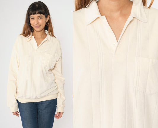 80s Cream Velour Polo Sweatshirt Collared Button-Up Long Sleeve Extra Large