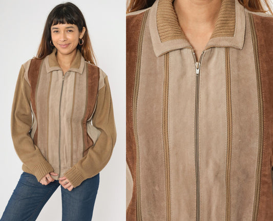80s Tan Suede Striped Bomber Jacket Brown Leather Zip Knit Large L