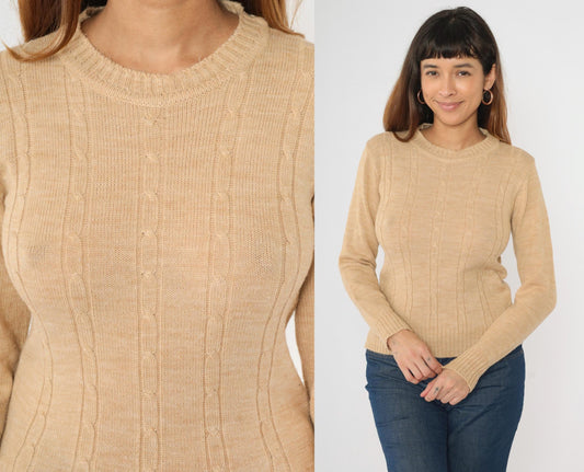 70s Tan Cable Knit Crewneck Pullover Sweater Small S