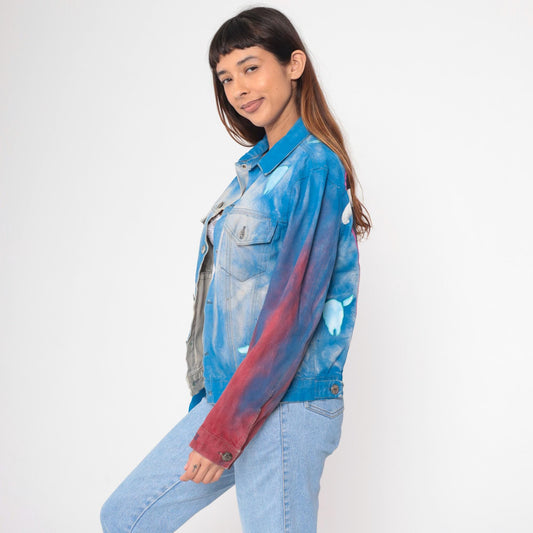 90s Airbrushed Denim Jacket Cow Skull Bison Print Western Blue Medium M