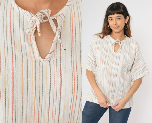 70s Striped Tunic Top White Keyhole Tie Neck Short Sleeve Small