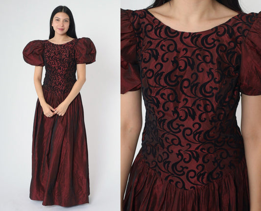 80s Burgundy Taffeta Prom Dress Puff Sleeve Basque Waist Maxi Small