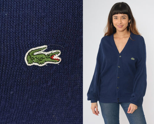 80s Izod Lacoste Navy Cardigan Sweater Crocodile Knit Medium M