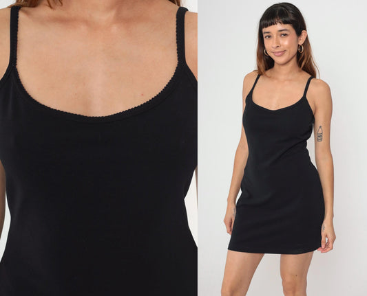 90s Black Bodycon Mini Dress Spaghetti Strap Tank Sleeveless Medium M