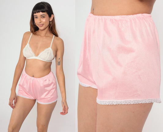 80s Pink Nylon Pajama Shorts Lace Trim Elastic Waist Small S