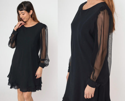 90s Black Chiffon Mini Dress Bishop Sleeve Shift Layered Ruffle Hem Large