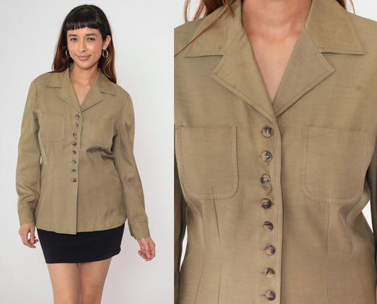 90s Liz Claiborne Tan Utility Blazer Button-Up Jacket Medium M