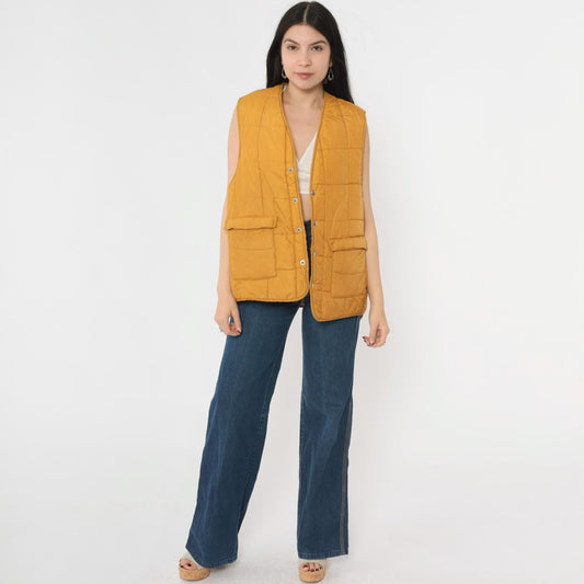 70s Western Trails Mustard Puffer Vest Quilted Faux Sherpa Lined Snap Medium