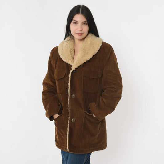 70s Brown Corduroy Sherpa Jacket Men's Collared Button-Up Medium