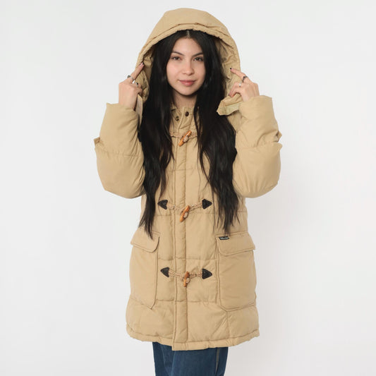 80s Tan Duffle Parka Hooded Toggle Coat Men's Medium
