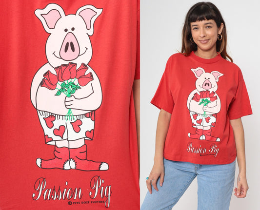 90s Doze Clothes Passion Pig Graphic T-Shirt Red Cotton Crewneck Small