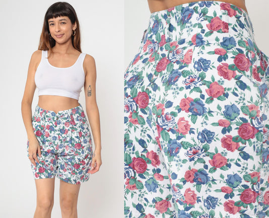 90s A. Byer White Floral Pleated High-Waisted Shorts Cotton Medium