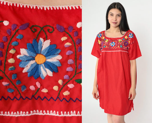 Mexican Embroidered Mini Dress Red Floral Tunic Short Sleeve XXL