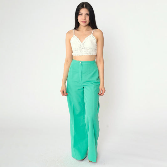 70s Green Polyester High-Waist Wide-Leg Flared Trousers Small