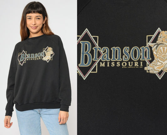90s Branson Missouri Cowboy Boot Graphic Sweatshirt Black Crewneck Large L