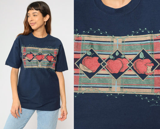 90s Apple Graphic T-Shirt Navy Blue Crewneck Cotton Medium