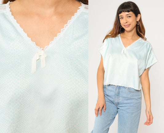 80s Aqua Satin Snakeskin Pajama Top Lace Trim Cropped V-Neck Medium