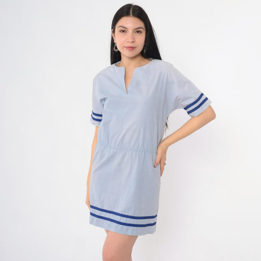 1970s Blue Striped V-Neck Mini Dress High Waist Short Sleeve Small