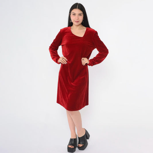 90s Red Velvet Shift Dress Asymmetrical Neckline Long Sleeve Knee Length Medium