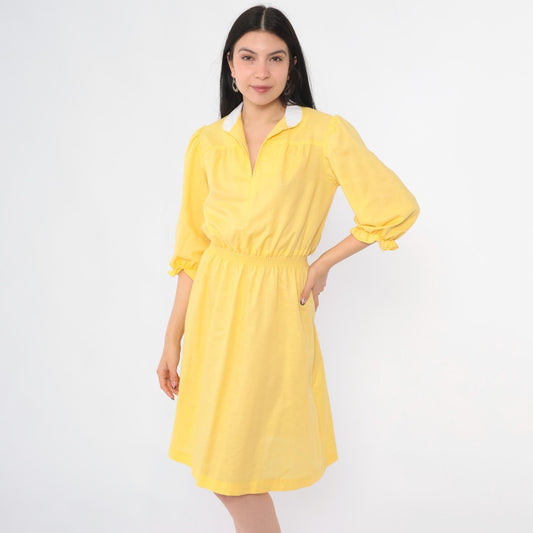 70s Yellow Puff Sleeve Midi Dress White Collar Smocked Waist Small S