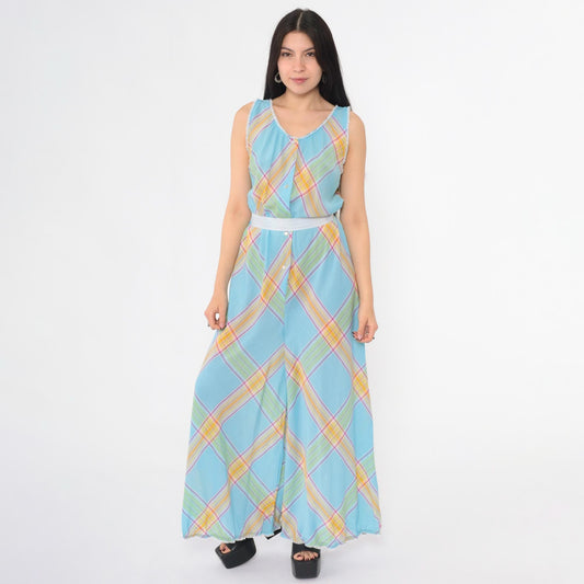 70s Light Blue Plaid Palazzo Jumpsuit Scoop Neck High Waist Medium M