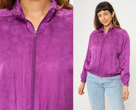90s Silk Floral Jacquard Windbreaker Purple Zip-Up Raglan Jacket Extra Small