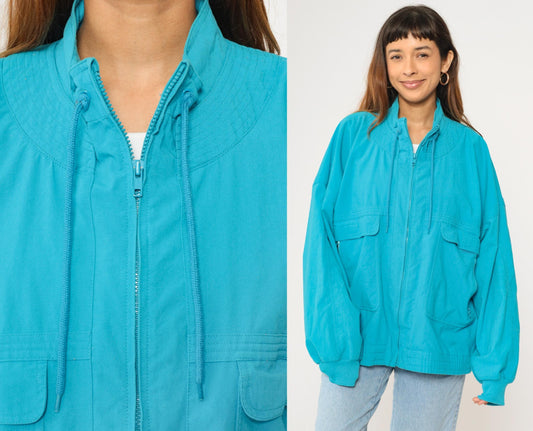 90s Turquoise Windbreaker Jacket Cargo Pockets Drawstring Neck XXL