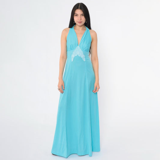 70s Blue Lace Empire Waist Maxi Dress V-Neck Sleeveless Racerback Small