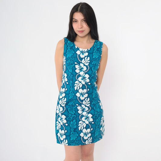 90s Hawaiian Floral Mini Dress Blue White Hibiscus Sleeveless Sheath Extra Small