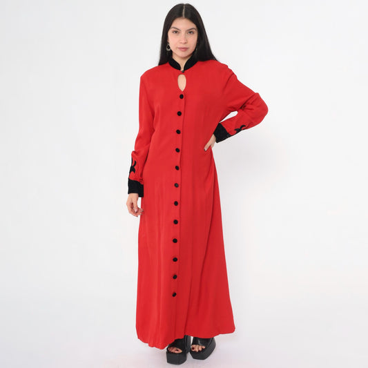 90s Panache Red Velvet Maxi Dress Button-Up Keyhole Mandarin Collar Large
