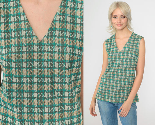 70s Plaid Tank Top Turquoise V-Neck Sleeveless Checkered Shirt Small