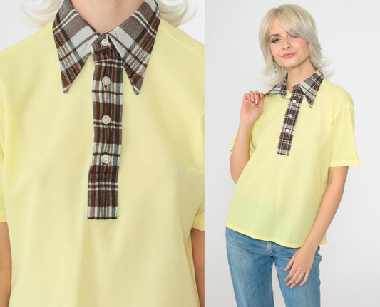 70s Yellow Polo Shirt Brown Checkered Collar Short Sleeve Medium