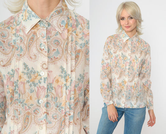 70s Floral Paisley Button-Up Blouse White Long Sleeve Pleated Shirt Small