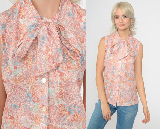 70s Pink Floral Sleeveless Blouse Ascot Bow Neck Button Up Small