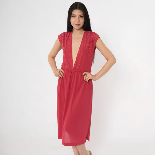 70s Raspberry Glitter Midi Dress Plunge V Neckline Cap Sleeve Small