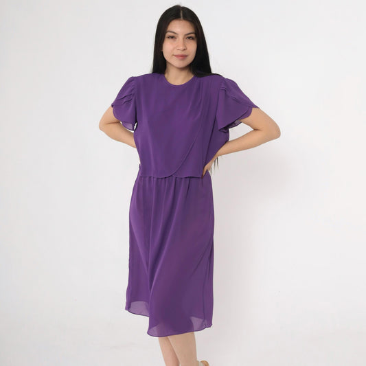 80s Purple Tulip Sleeve Dress Layered Bodice Knee Length Medium M